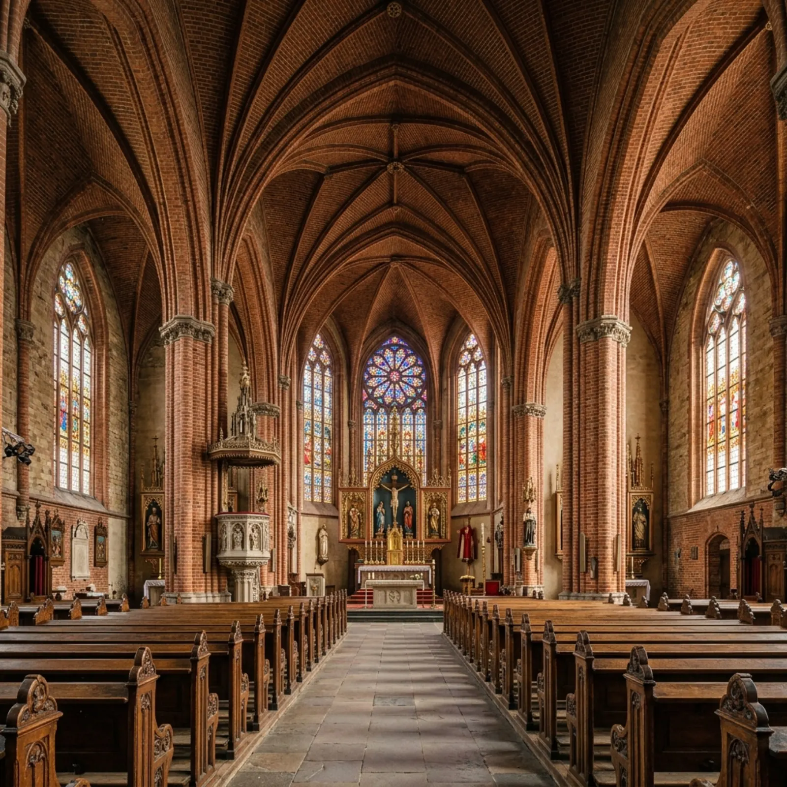 Brick Gothic church interior with stained-glass windows