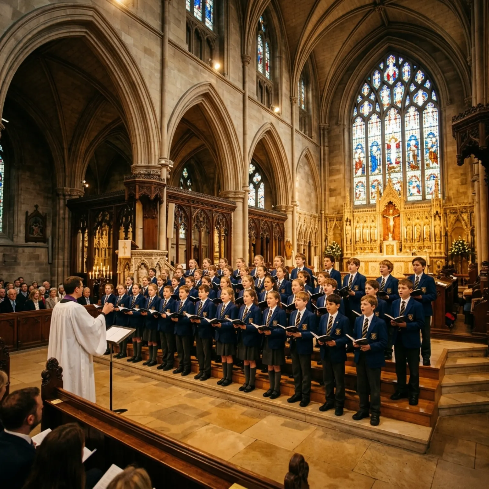 Choristers in cassocks and surplices singing in church